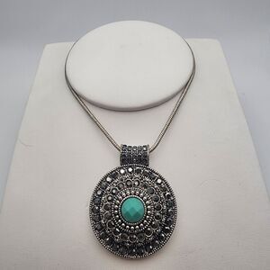 Trifari Silver Tone Blue & Gunmetal Rhinestone Medallion Necklace